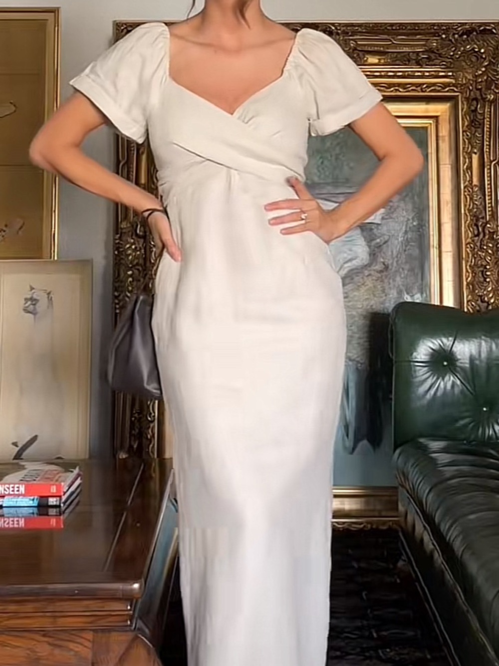 Banana Republic Cream Linen Midi Dress Sweetheart Neckline Wrap Wedding Guest